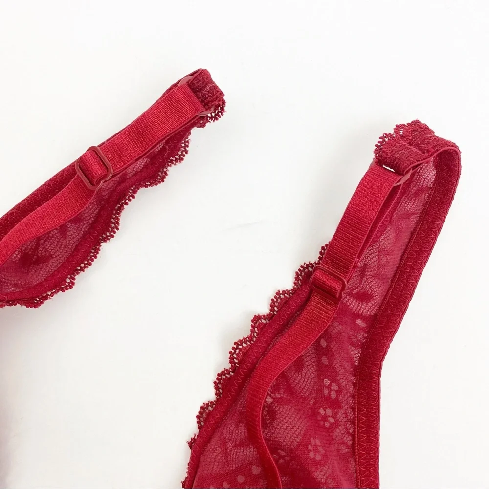 Intimately Free People Deep V Plunge Lace Underwire Bra: Crimson Red Burgundy